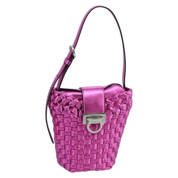 Salvatore Ferragamo Gancini Shoulder Bag Leather Pink Silver Auth 97480 - Picture 1 of 15